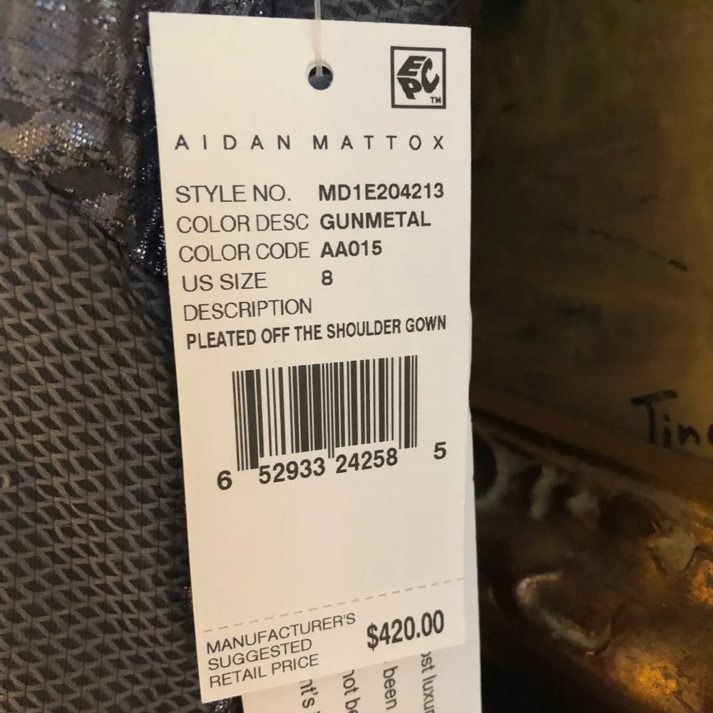 Aidan Mattox Gunmetal Off The Shoulder Silver Floral Detail-Soft Mesh Lined Gown - Picture 13 of 14